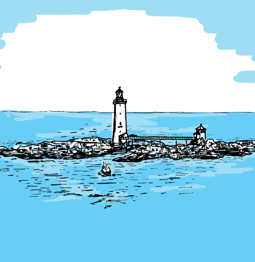A drawing of a lighthouse on a rocky island, surrounded by bright blue water