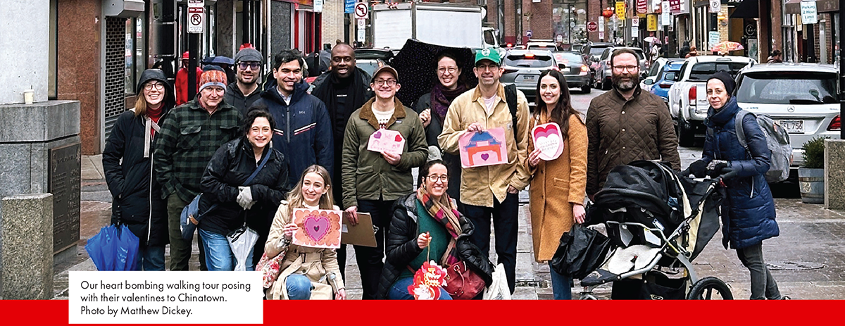 Heartbombing Walking Tour posing with valentines to Chinatown.