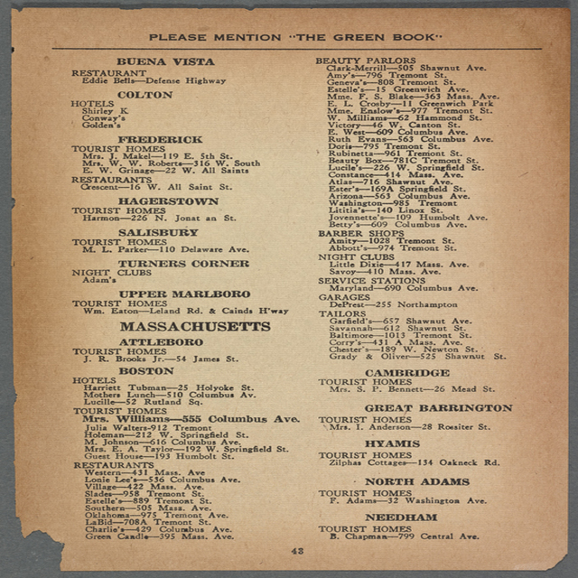 Massachusetts listing in the 1947 Green Book