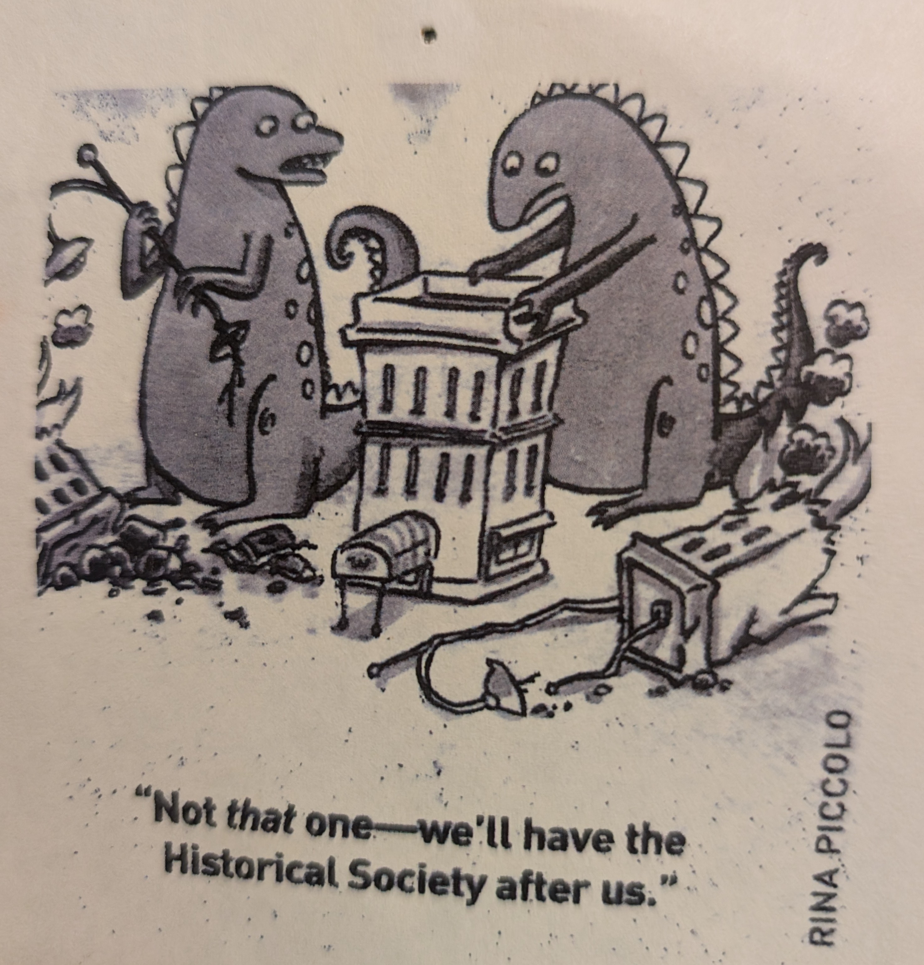 Two godzilla creatures destroy a city, avoiding a historic building. Caption reads "Not that one-we'll have the Historical Society aft us."