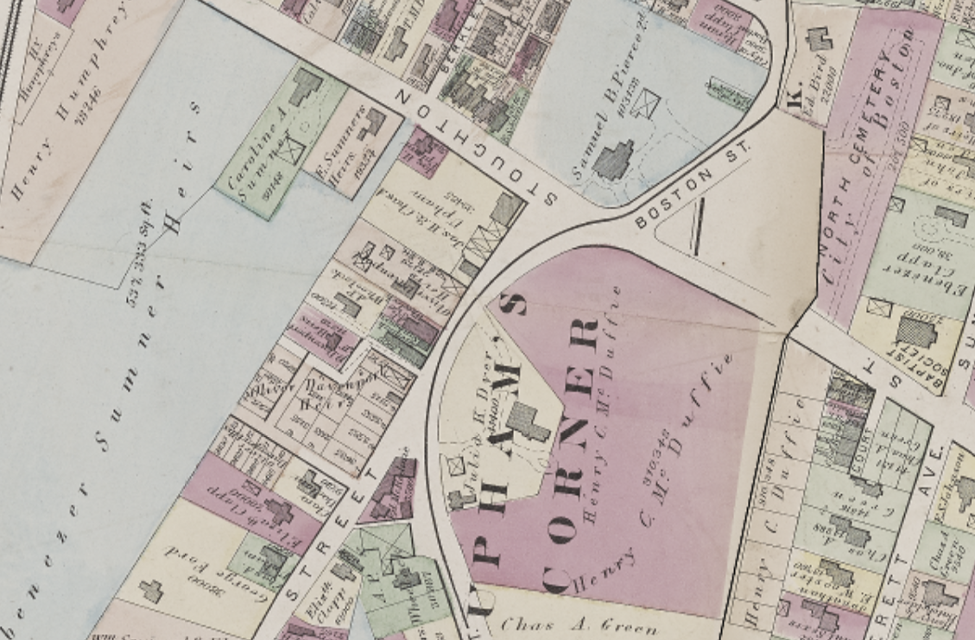 1874 atlas showing Uphams Corner, located at the intersection of Columbia Road (then Boston Street) and Stoughton Street. 
