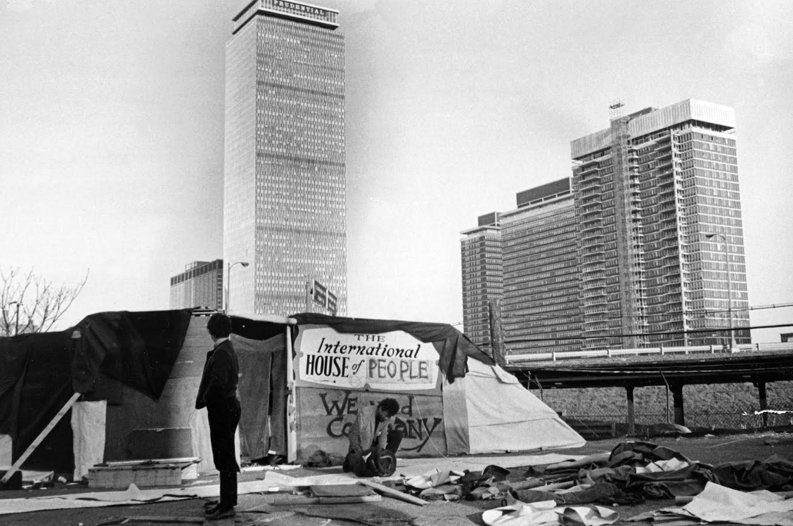 Anti-urban renewal protesters rolled up their sleeping bags in a Dartmouth Street parking lot in the South End of Boston, April 28, 1968. Dan Sheehan/Globe Staff