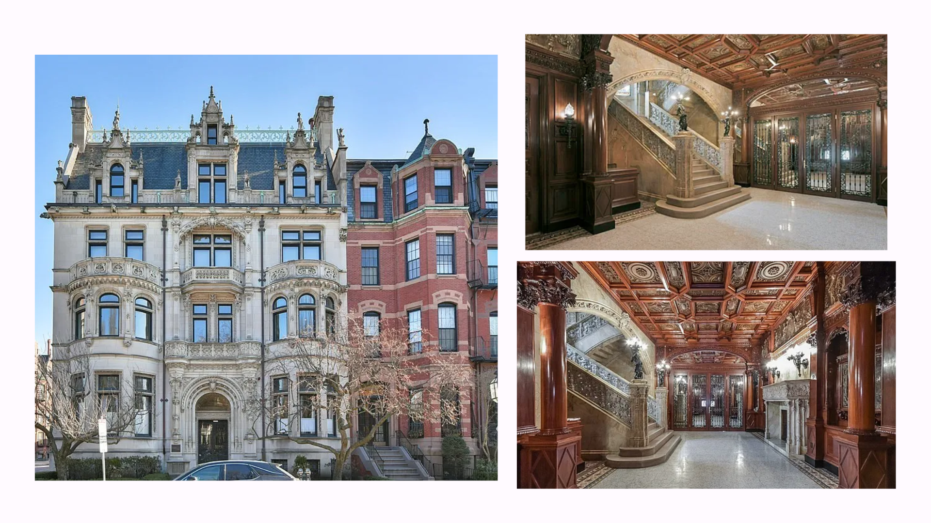 Three images, one of a white exterior of a Mansion, then two of the interior, showing stairs and interior wall details