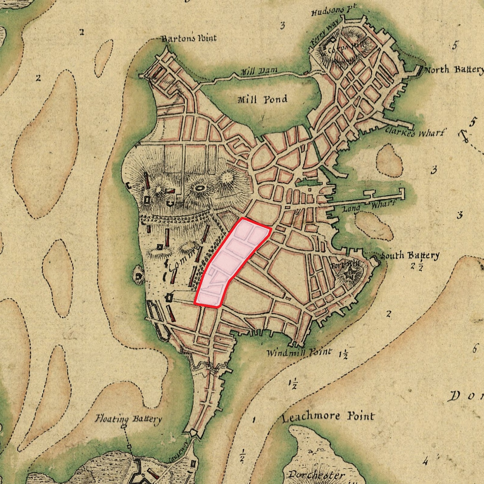 Detail of Sir Thomas Hyde Page's 1775 map of Boston