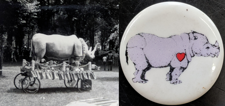 Left: Black and White Photo of Rhino for Pride Parade in 1976. Right: Lavender Rhino pin